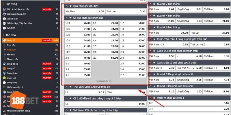 Kèo Phạt Góc Bóng Đá 188BET – Kèo Chơi Tỷ Lệ Ăn Cực Đậm Có nhiều dạng kèo phạt góc tại sảnh chơi 188BET.